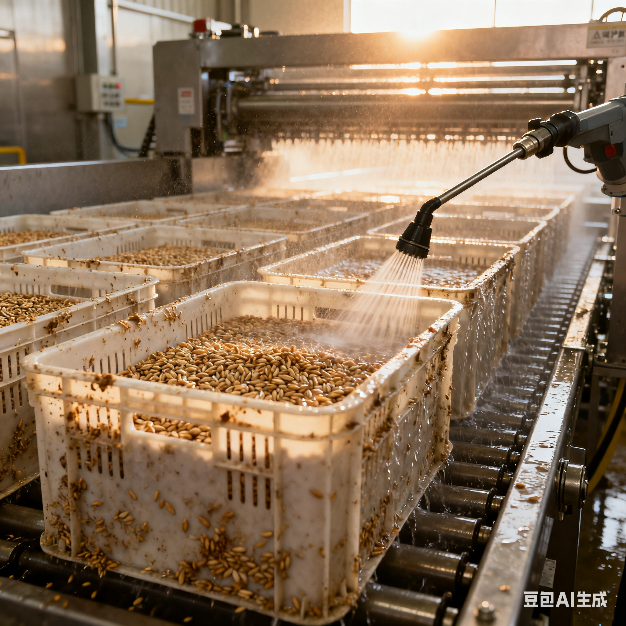 在食品加工车间的晨光里，一排排沾着谷物残留的周转箱正等待 “清洁焕新”(1)